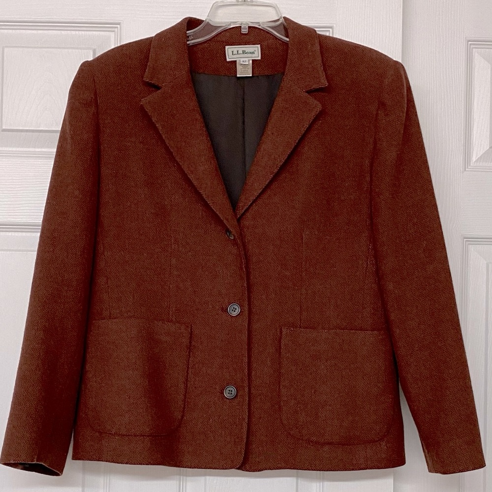 L. L. Bean Wool Blend Dark Red Herringbone Classic Jacket Blazer Sz 12